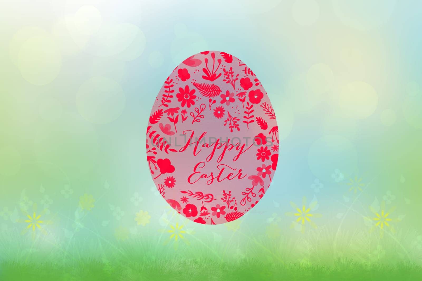 Happy easter background. Abstract green meadow with spring flowers and one colorful easter egg and a bright blue sky spring backdrop. Space for your design. Beautiful texture.