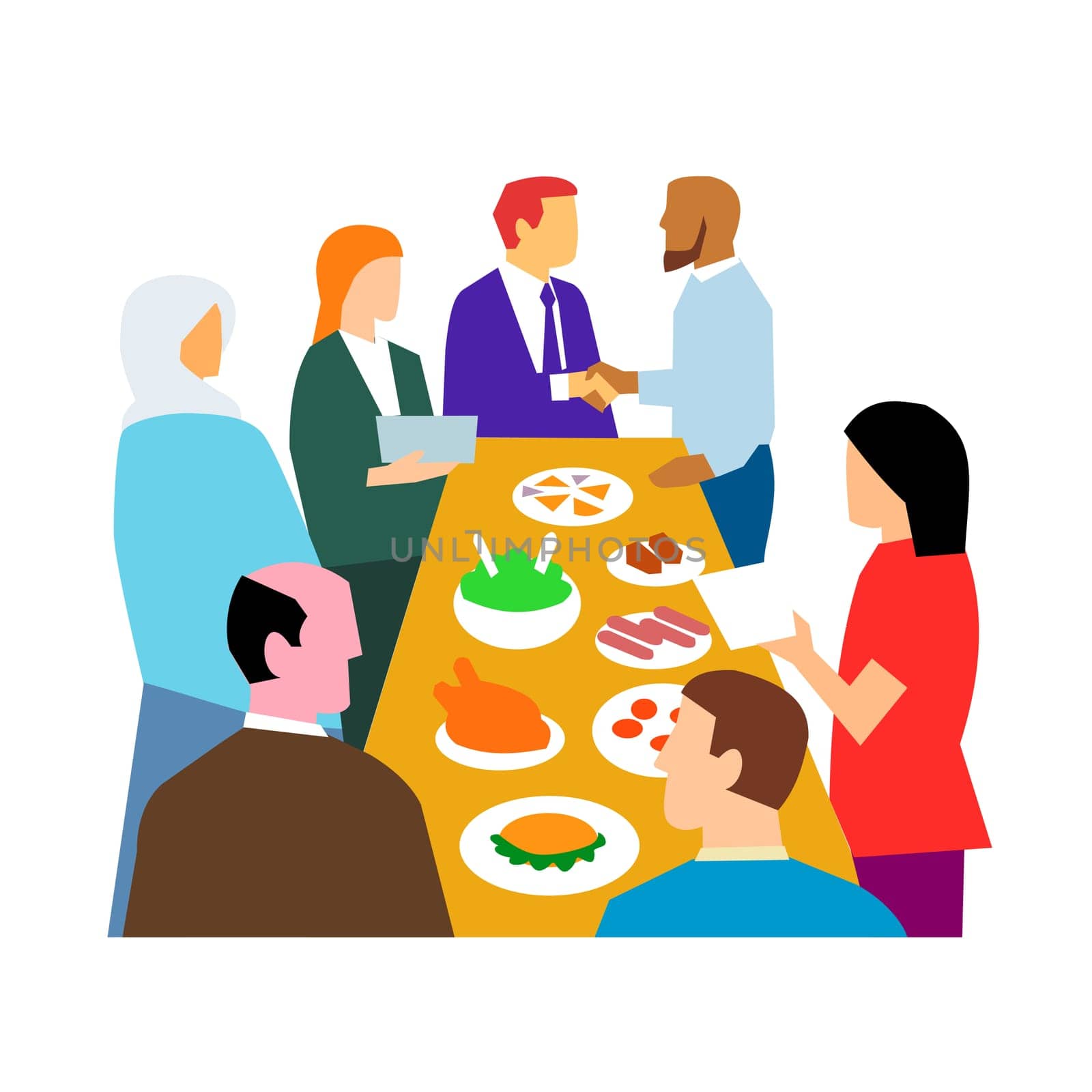 Retro style illustration showing the concept of diversity in workplace with diverse cultures in an office party celebration on isolated white background.