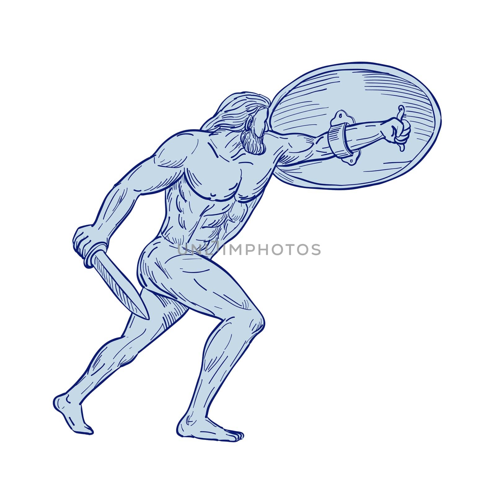 Drawing sketch style illustration of Hercules, a Roman hero and god equivalent to Greek divine hero Heracles, shielding with shield and carrying a sword on isolated white background.