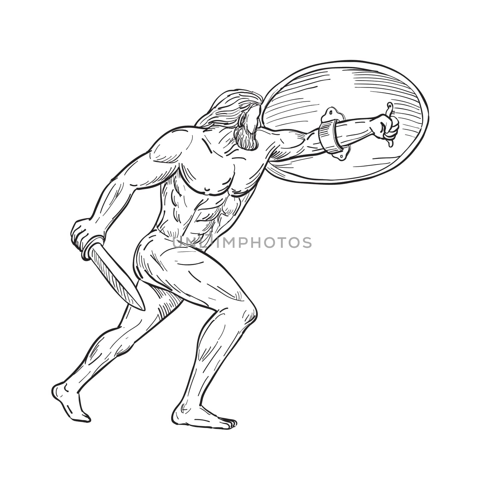 Drawing sketch style illustration of Hercules, a Roman hero and god equivalent to Greek divine hero Heracles, shielding with shield and carrying a sword on isolated white background in  black and white.