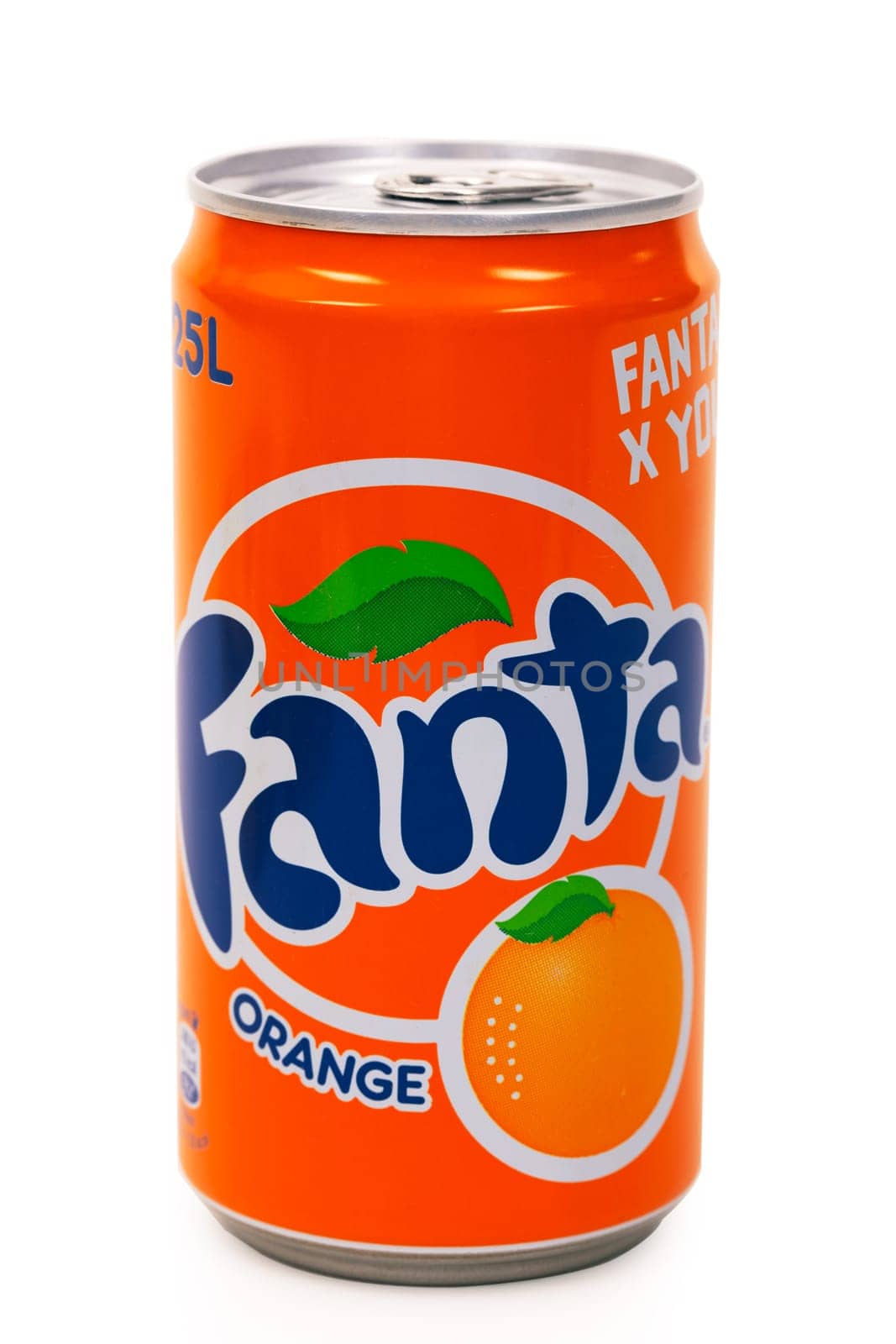HUETTENBERG, GERMANY - JUNE 7, 2018: Aluminium can of Fanta Orange soft drink on white background. Fanta is popular fruit-flavored carbonated soft drink.