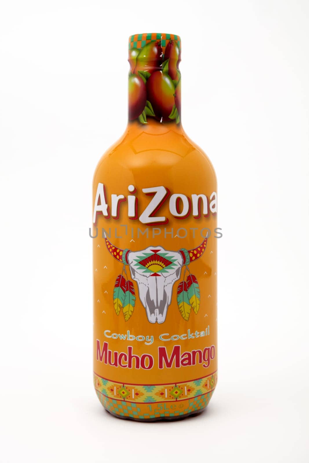 HUETTENBERG, GERMAN, HESSEN - JUNE 07, 2018: Plastic bottle of Arizona Fruit Mango tea soft drink on white background