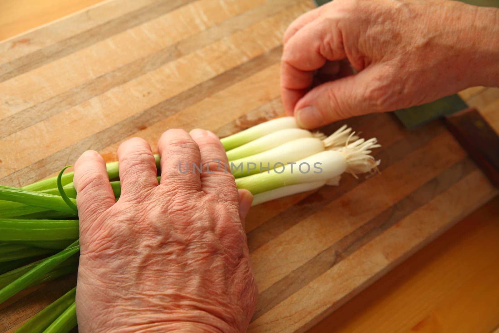 Senior man with fresh scallions and room for text