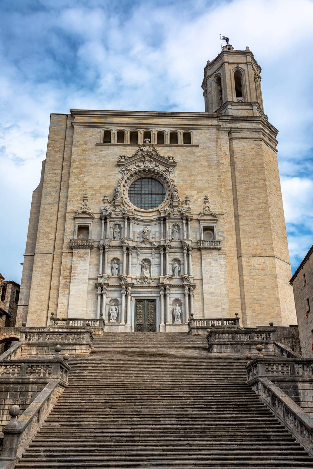 Vertical view of the imposing cathedral in Girona, Spain