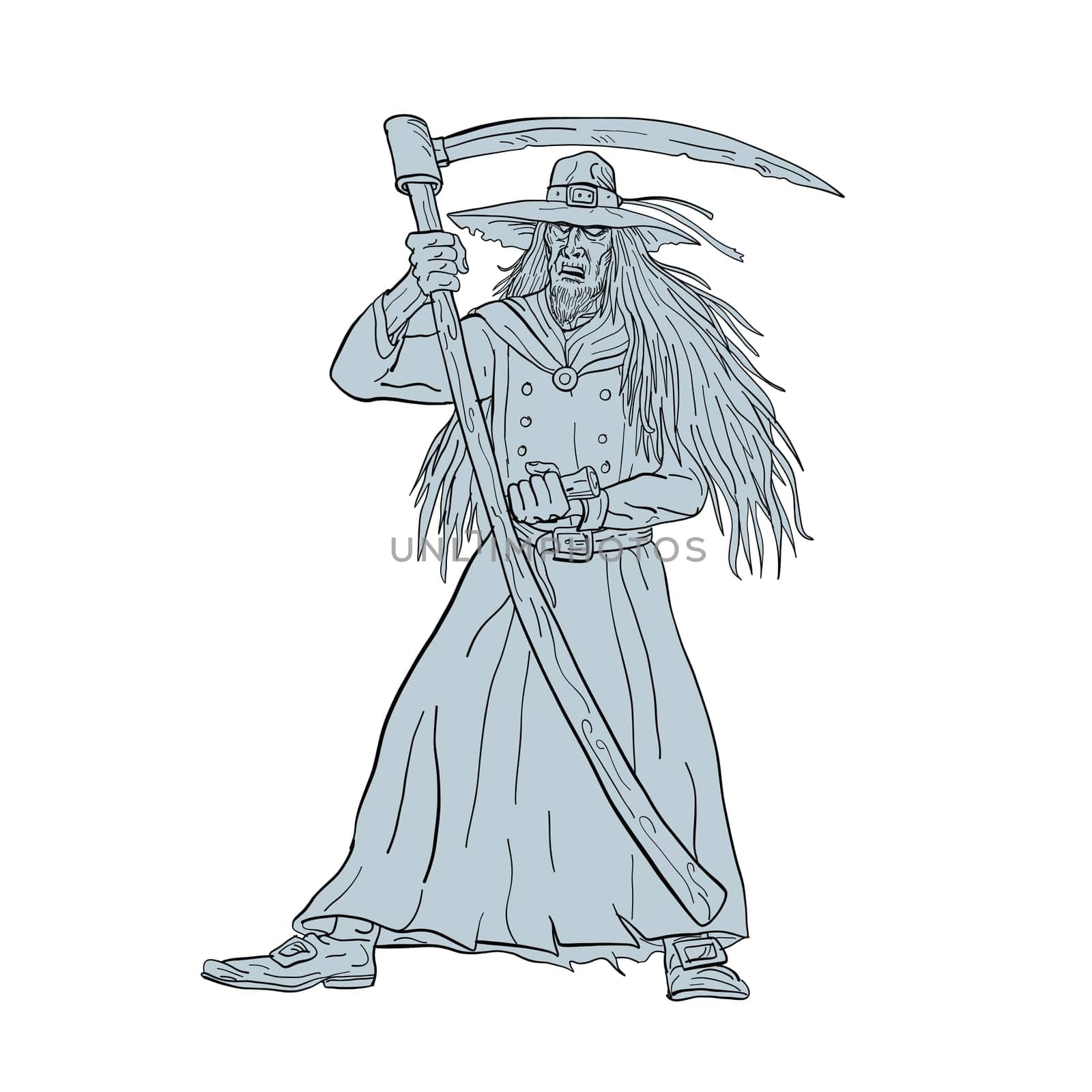 Drawing sketch style illustration of Ankou, henchman of Death, Celtic keeper of lost souls and graveyard watcher in Breton mythology with hat and scythe like the Grim Ripper on isolated background.