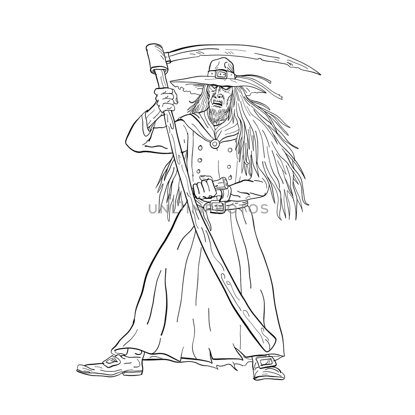 Drawing sketch style illustration of Ankou, henchman of Death, keeper of lost souls and graveyard watcher in Breton mythology with scythe like Grim Ripper on isolated background in black and white.