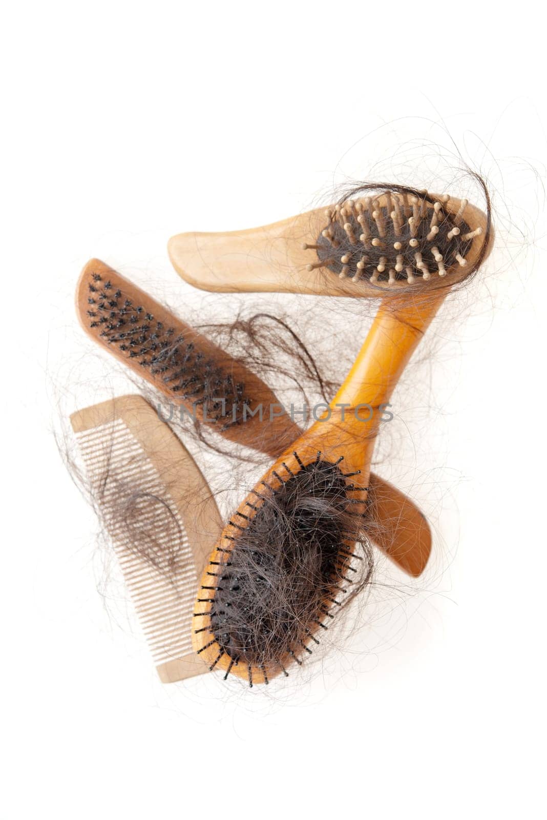 Collection set of brushes with lost hair on it, isolated on white background.