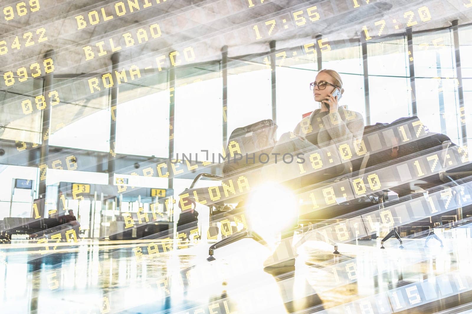 Graphic image of woman talking on her mobile phone while waiting to board a plane at the departure gates at the airport terminal. Flight information board text overlaid. Transportation concept.