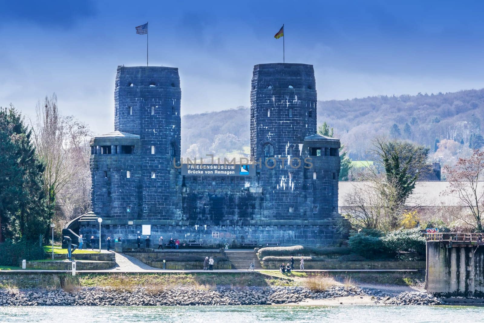 ERPEL, GERMANY - MARCH 27, 2016:.Ruin the Ludendorff Bridge at Erpel am Rhein in Germany.Towers of the Remagen bridge are located on the opposite bank of the city Erpel am Rhein in Germany.
