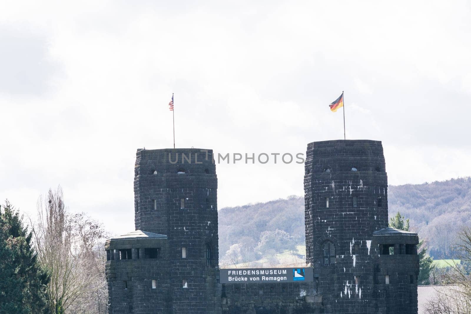 ERPEL, GERMANY - MARCH 27, 2016:.Ruin the Ludendorff Bridge at Erpel am Rhein in Germany.Towers of the Remagen bridge are located on the opposite bank of the city Erpel am Rhein in Germany.