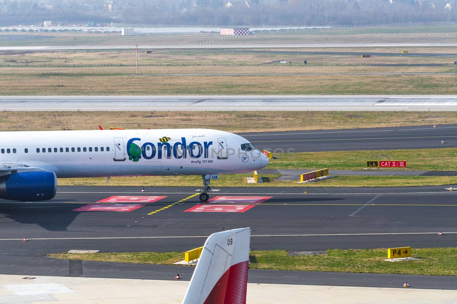 DUSSELDORF, NRW, GERMANY - MARCH 18, 2015: .Condor Boing 757-300 during startup on the Duesseldorf airport.