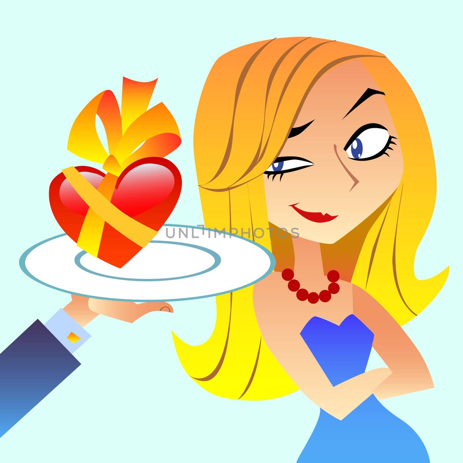 Heart as a gift on a plate, woman slyly looks, the way romantic