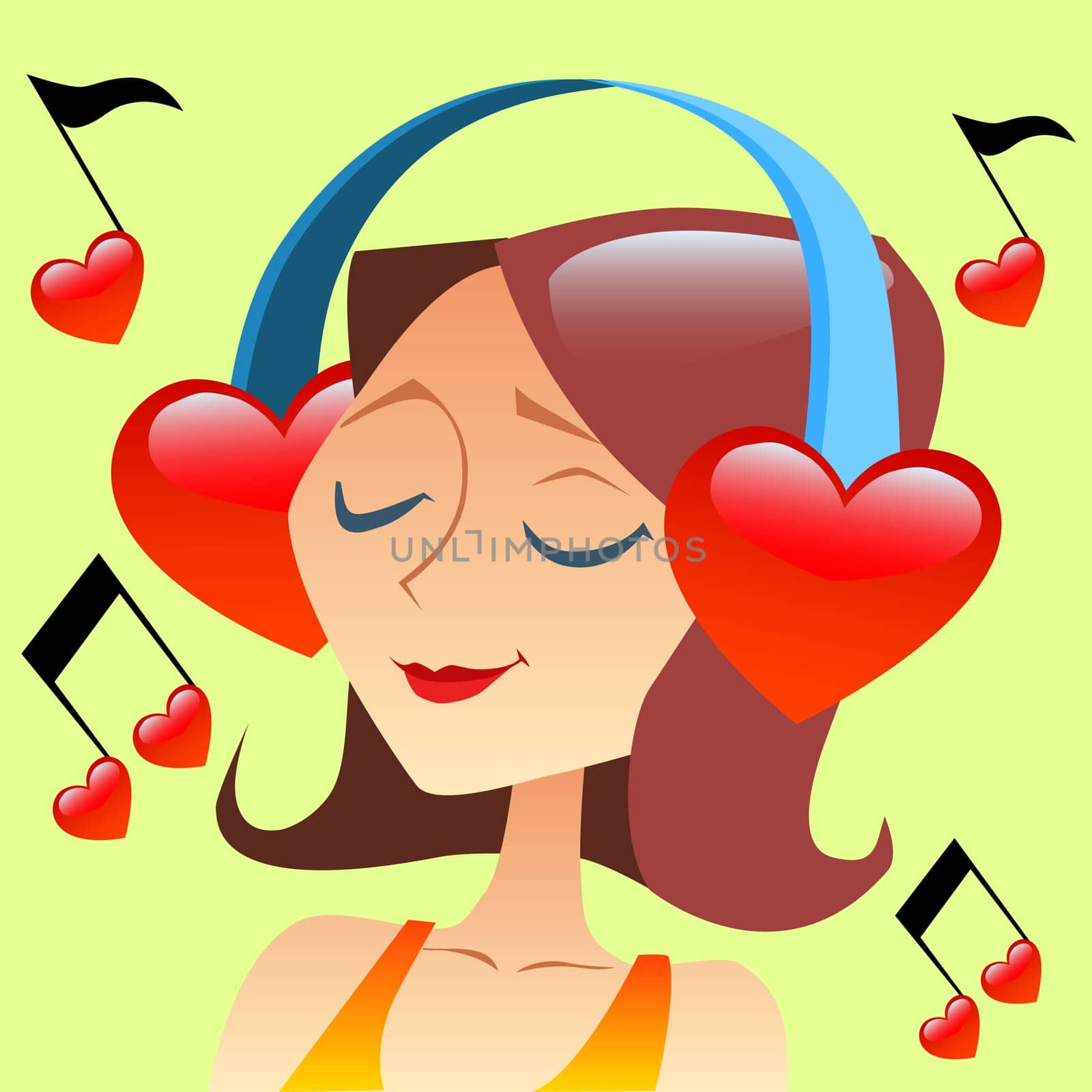 Girl listening to music with headphones in the form of a red heart flying around notes