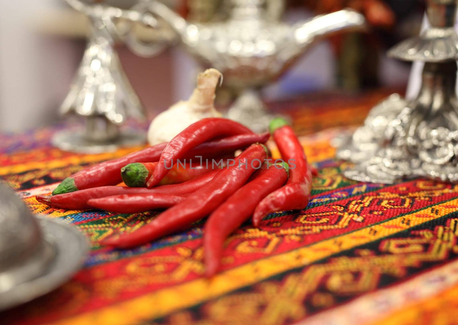 A group of chili pepper on a Turkish traditional cloth