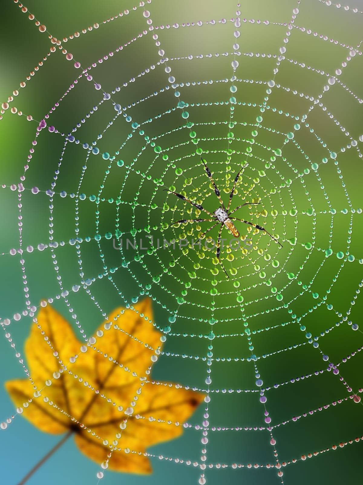 Spider in a web with dew drops