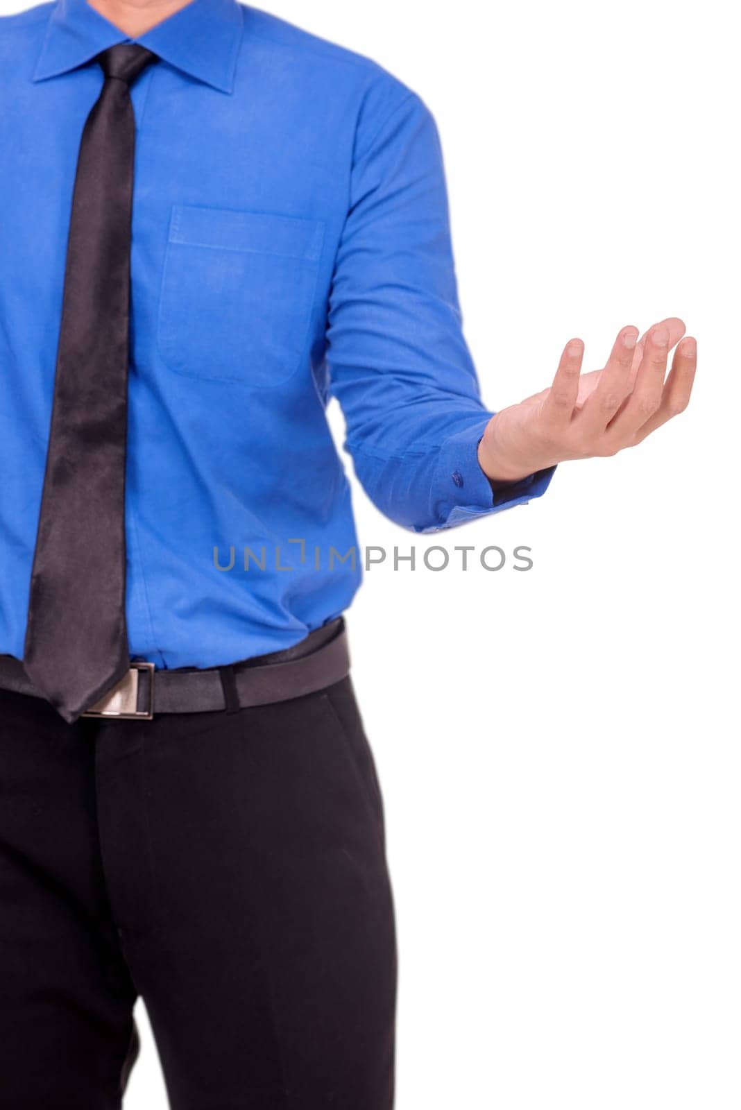 Businessman in formal wear standing with open palm for holding or showing something isolated over white background