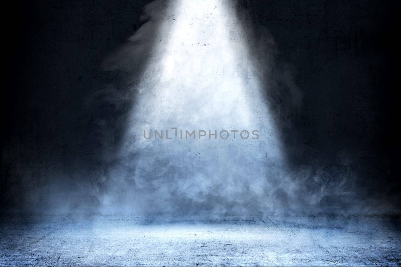 Room with concrete floor and smoke with light from the top against dark wall background