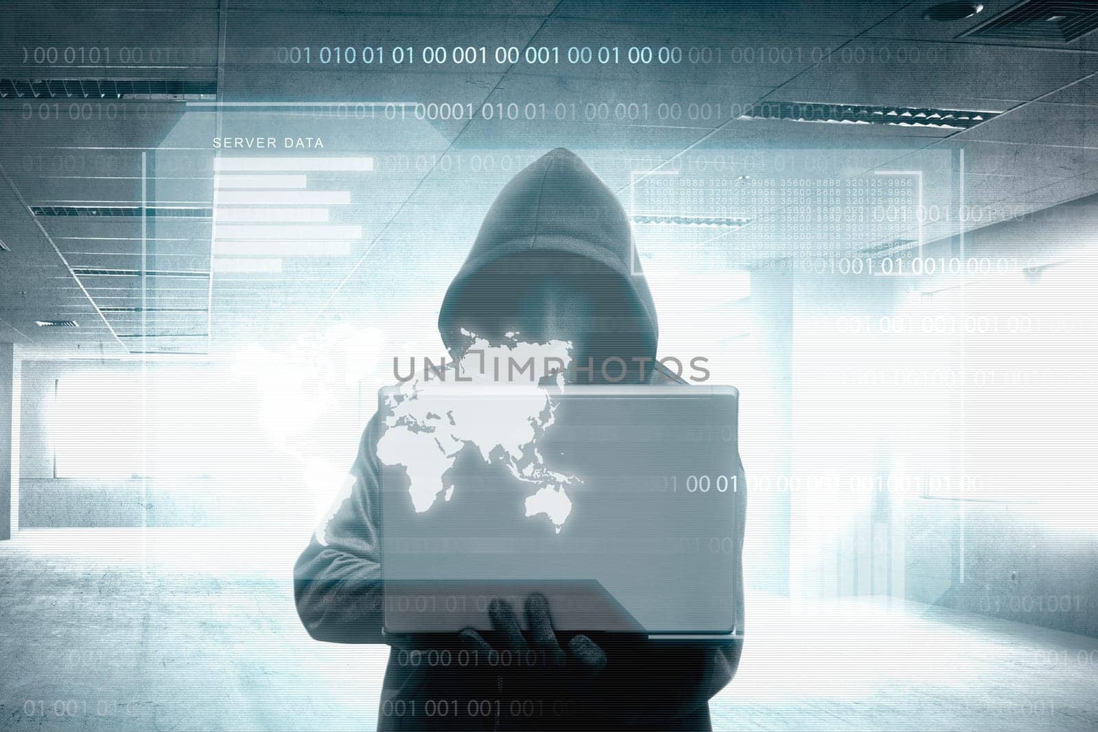 Hacker in black hoodie holding laptop on the room with virtual screen background