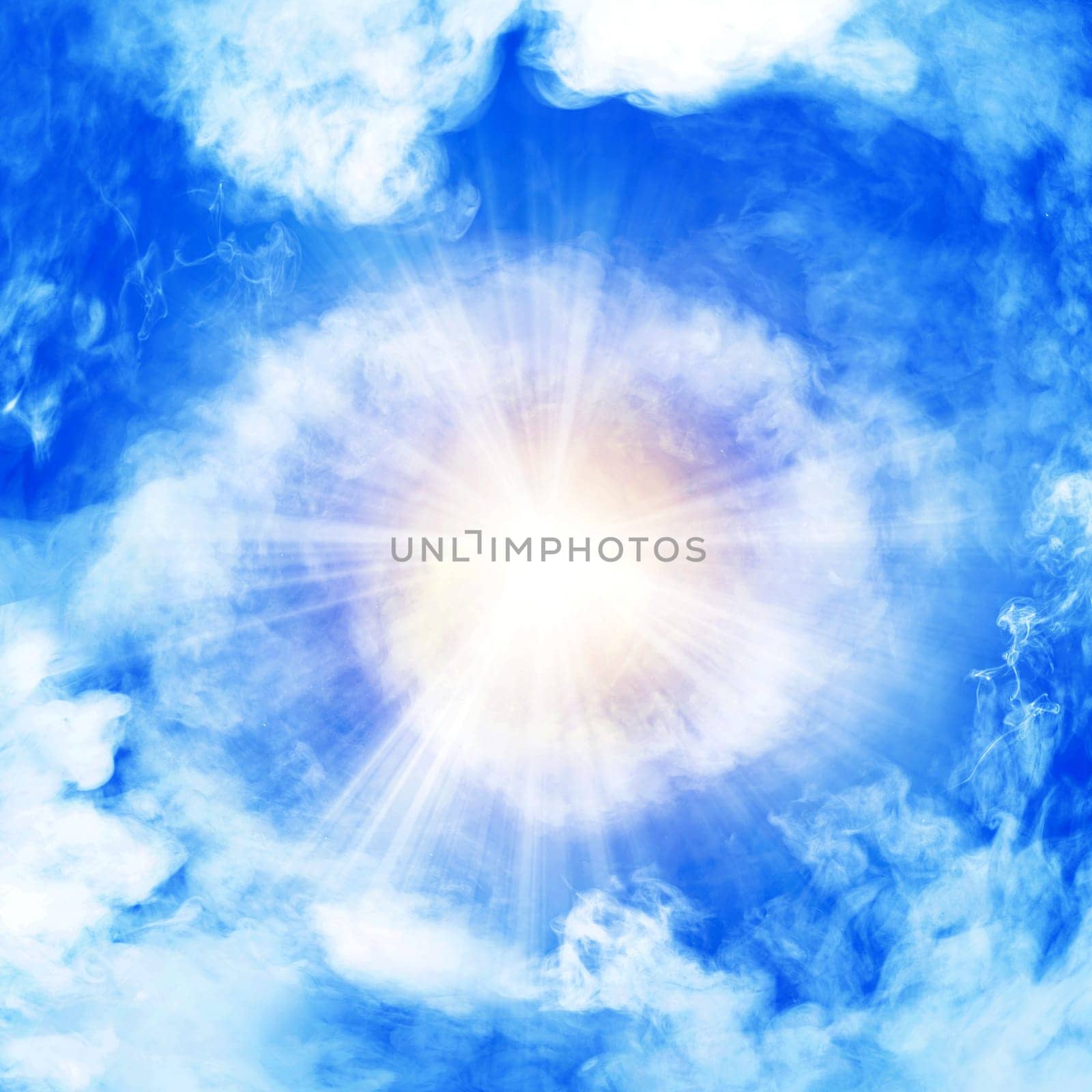 White smoke with bright light on blue background