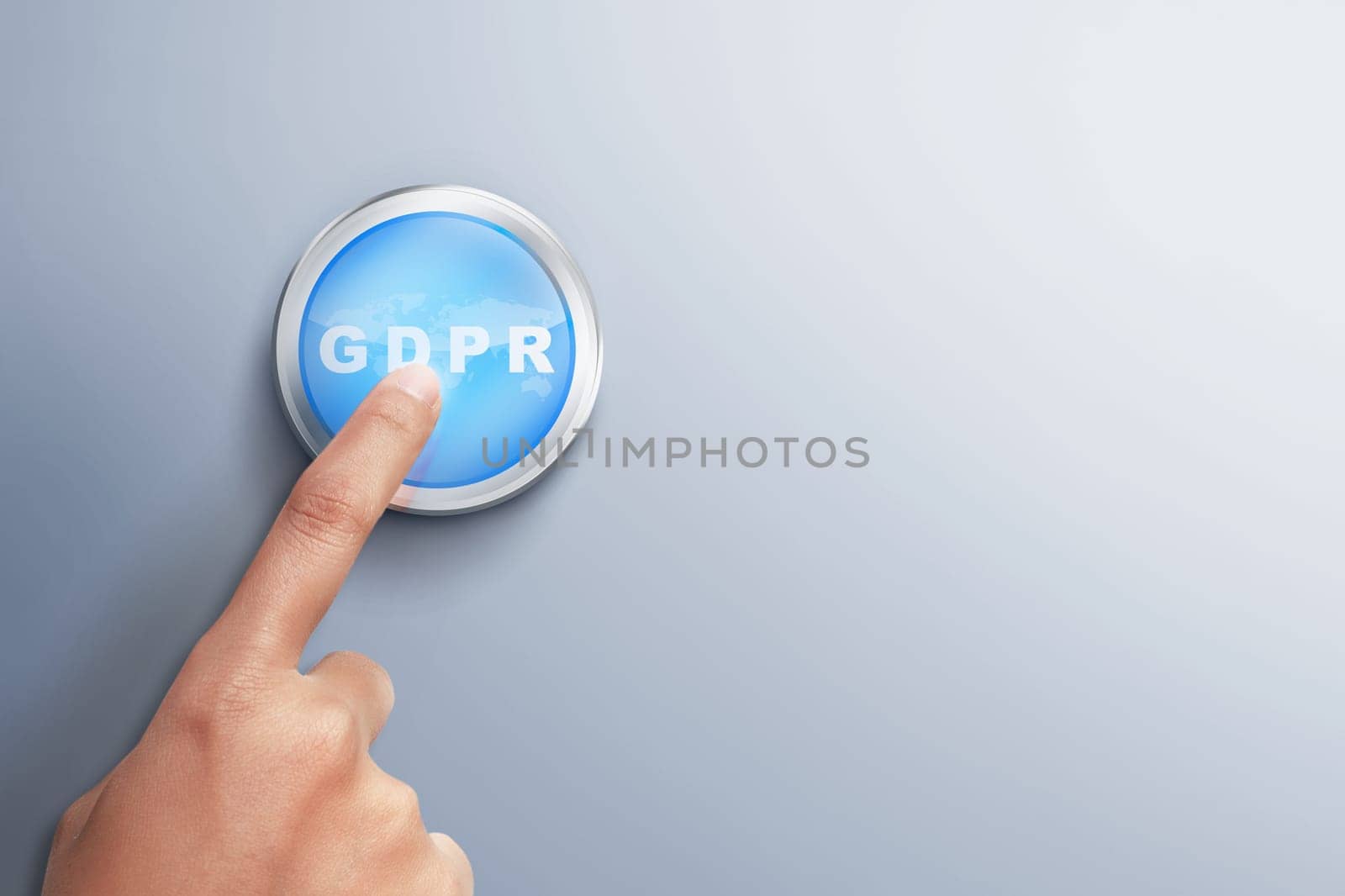 Hands press the GDPR button on the wall. Cyber security and privacy. General Data Protection Regulation (GDPR) concept