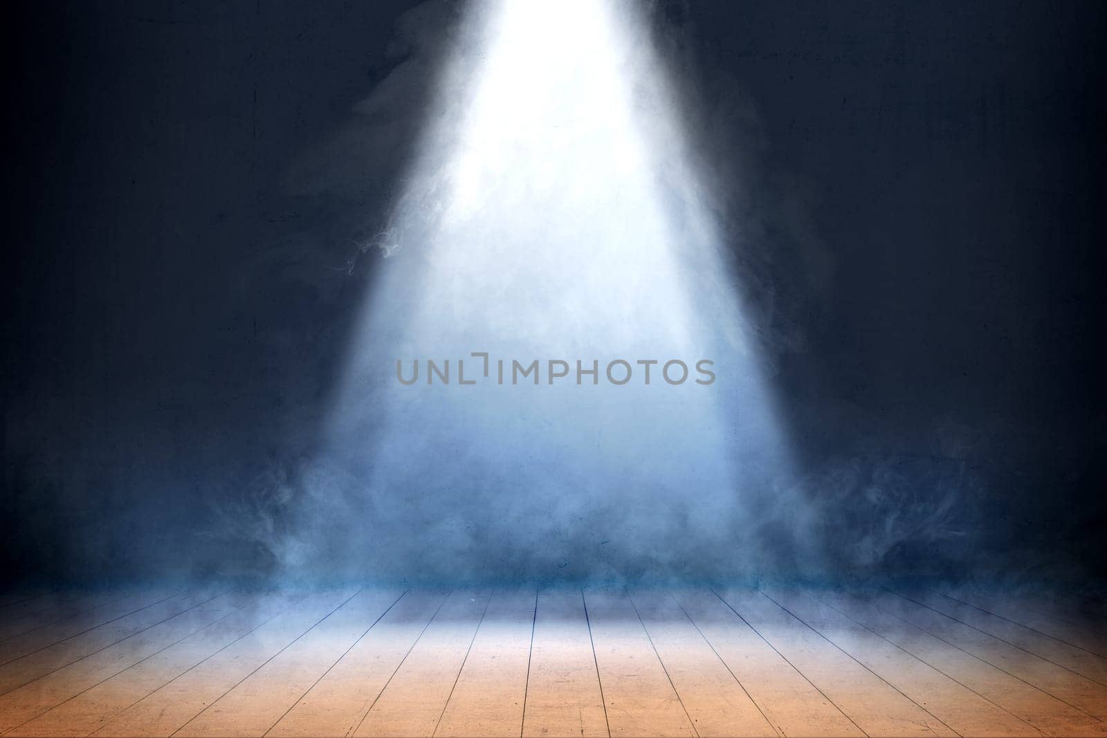 Room with wooden floor and smoke with light from the top against dark wall background