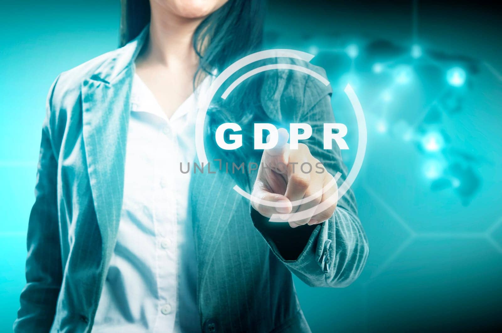Hand of business woman pointing GDPR text on virtual screen with digital maps connection on the world background. Cyber security and privacy. General Data Protection Regulation (GDPR) concept