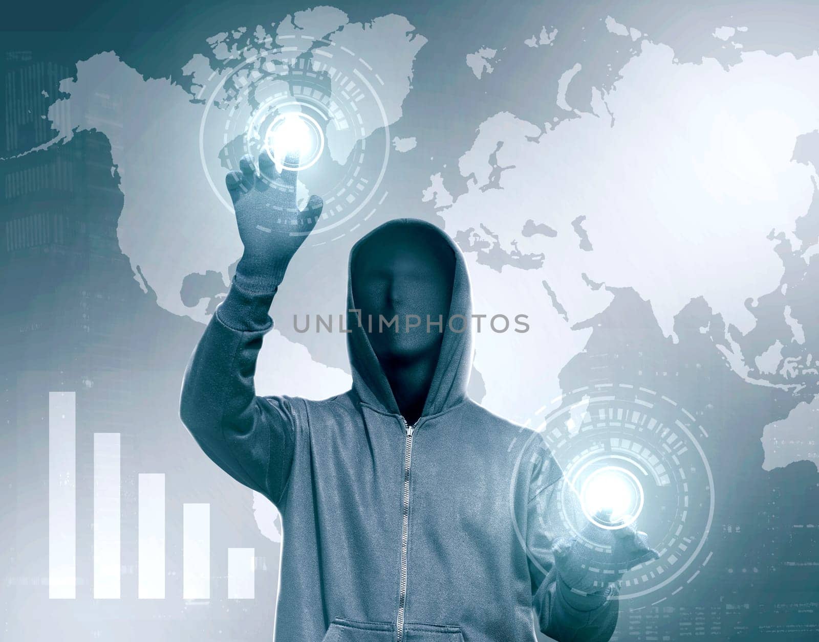 Hacker in black hoodie touching virtual screen with chart bar and world map background