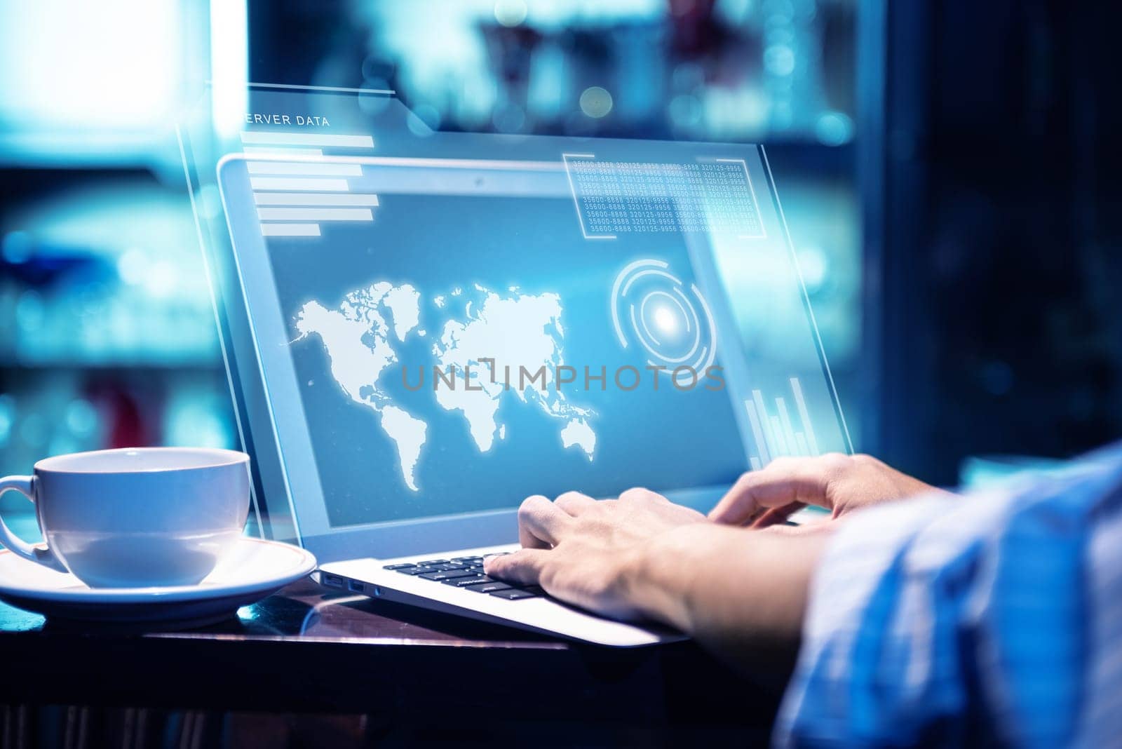 Businessman working using laptop with virtual screen display the server data, worldwide map, binary and chart bar with coffee on the table at office room background. Cyber security and privacy. General Data Protection Regulation (GDPR) concept