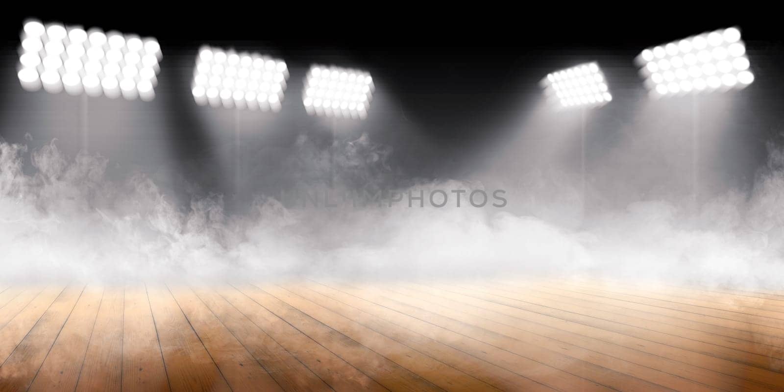 Sports arena with wooden floor with smokes and spotlights against dark background