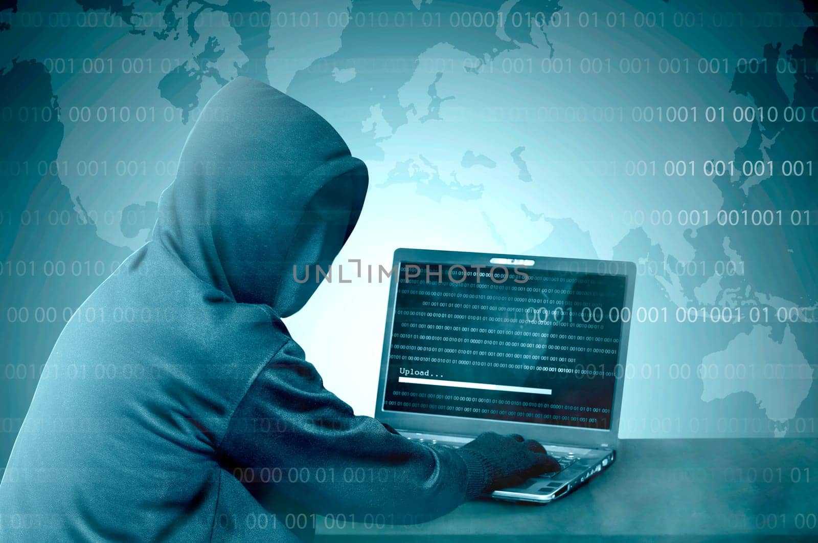 Hacker in black hoodie using laptop on the desk to hacking system with binary code and upload the malware with world map background