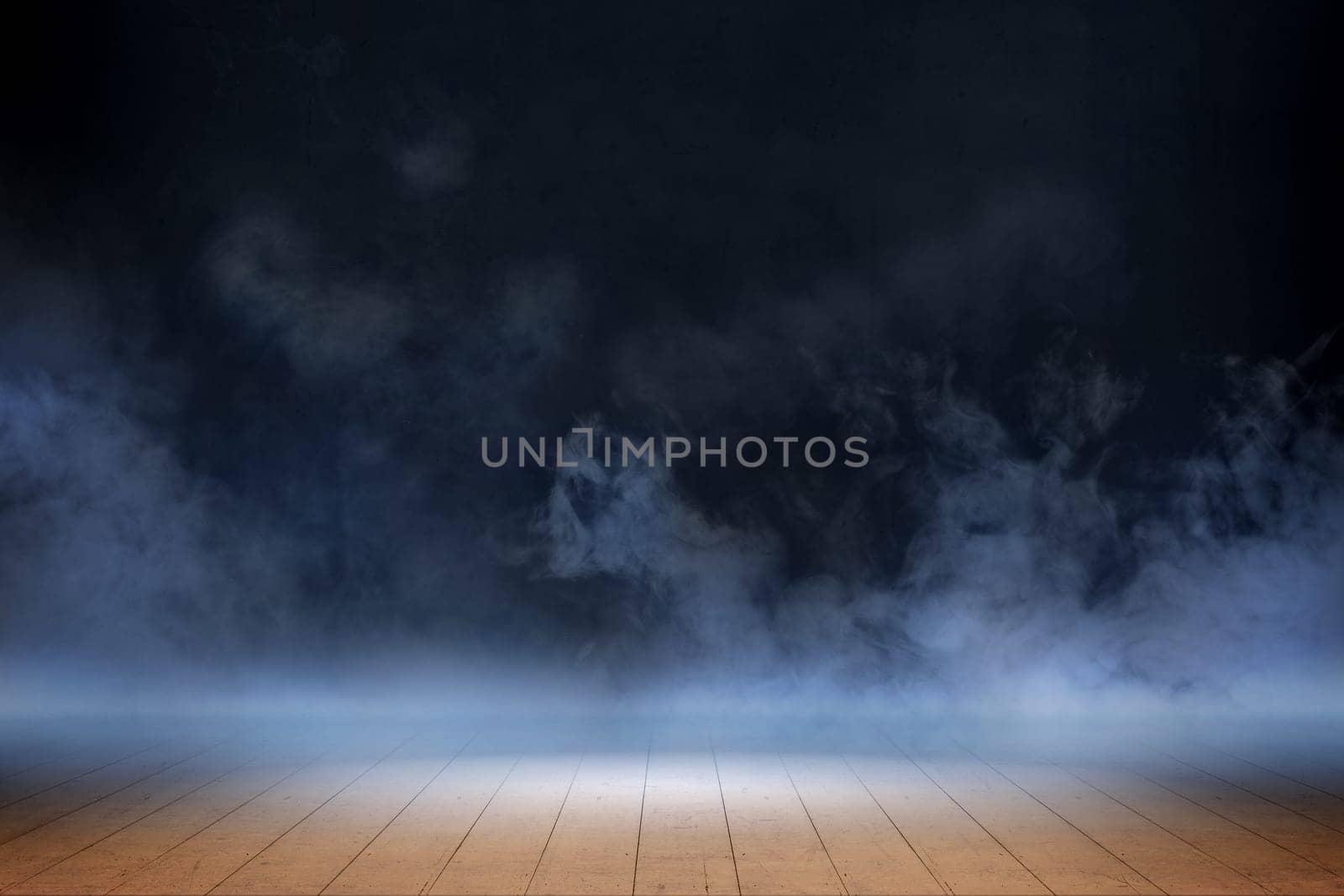 Room with wooden floor and smoke with dark wall background