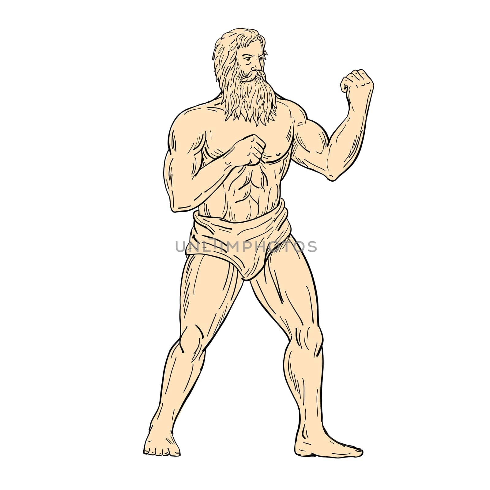 Drawing sketch style illustration of a Hercules, a Roman hero and god, with fists on chest ready to fight in boxer boxing fighting stance on isolated white background in full color.