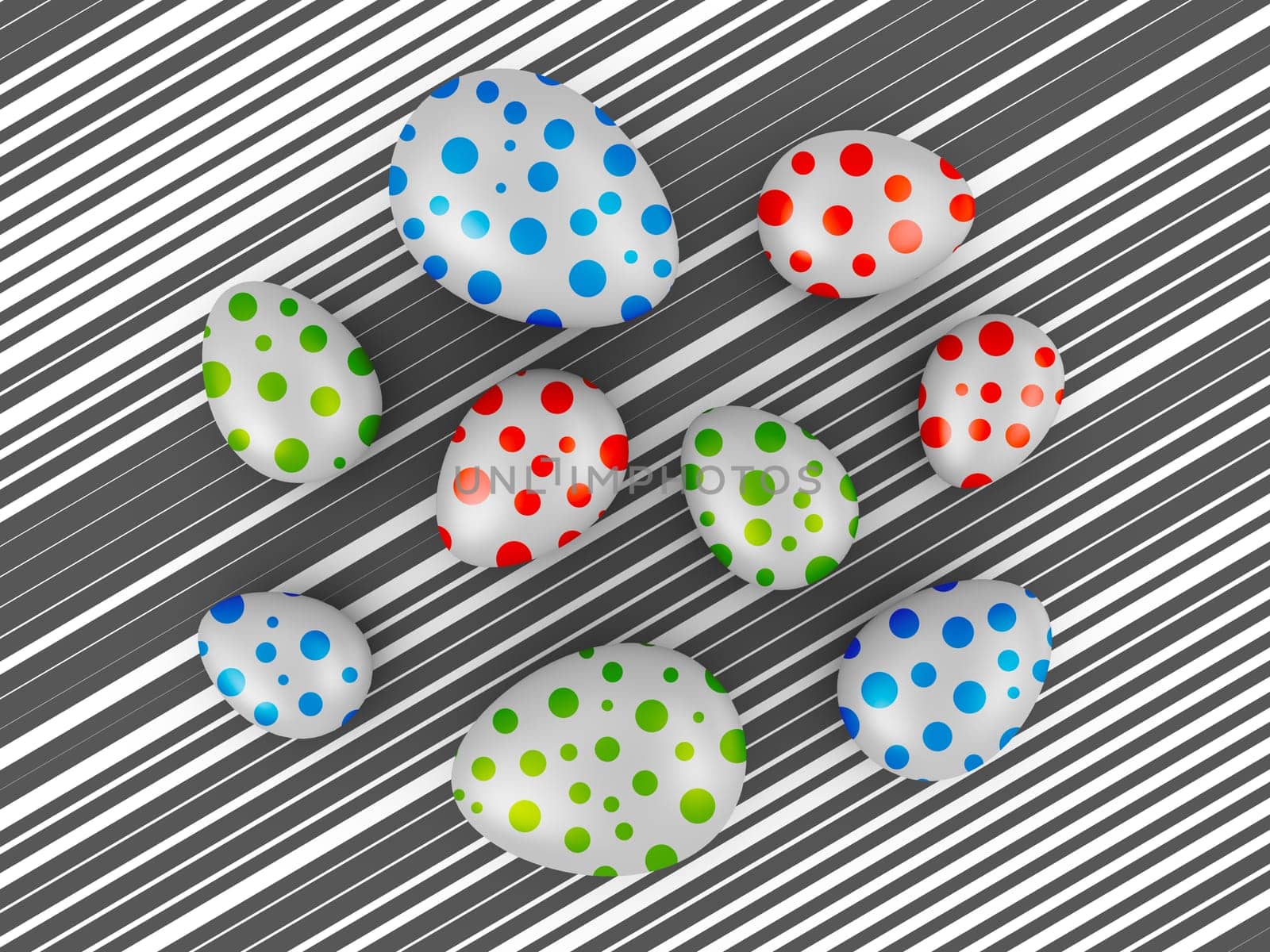 Eggs with colored circles on a background of black stripes. 3d render