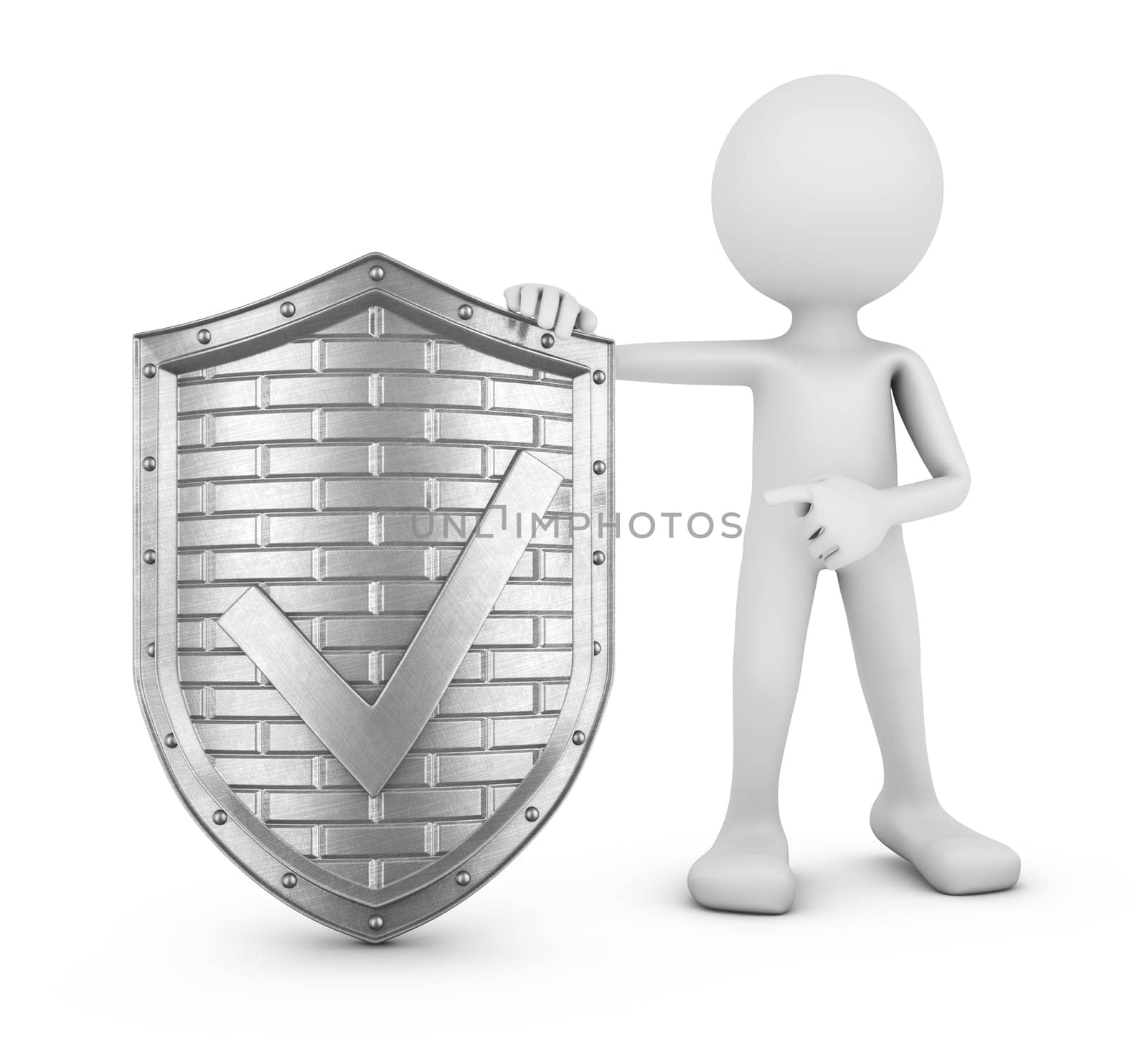 Faceless man and Metal shield with a check mark. 3D visualization
