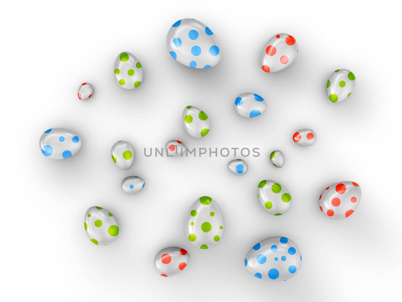 Eggs with colored dots on a white background. 3d render