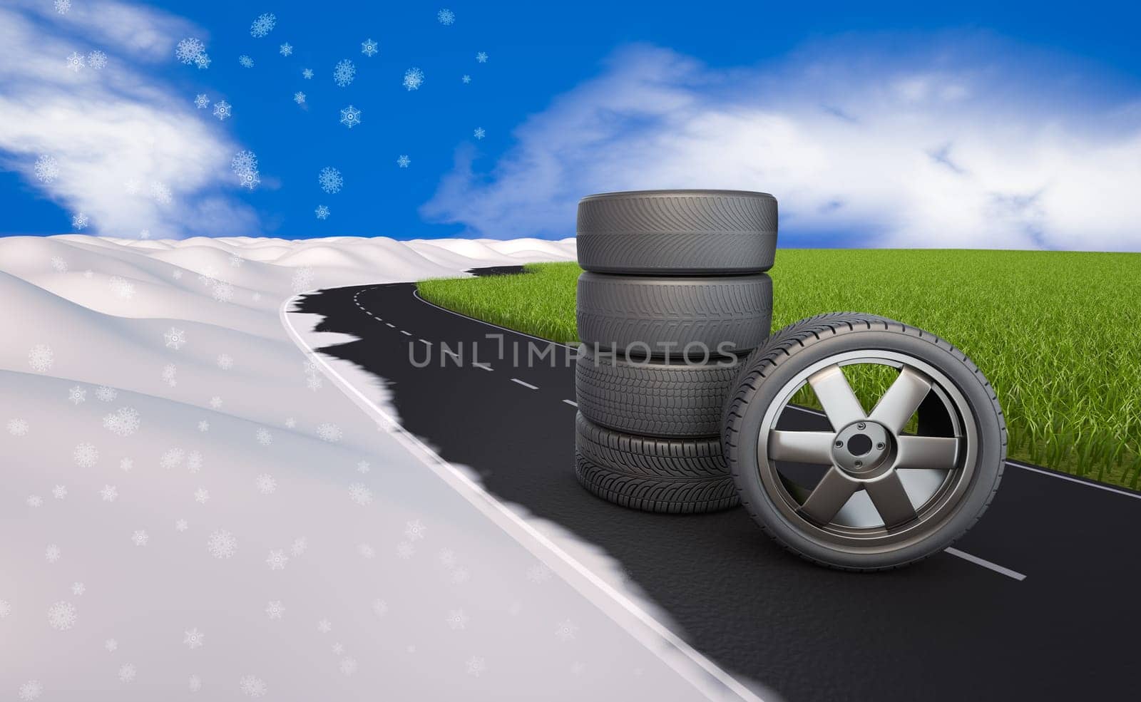 Several tires for wheels on the road next to the grass and snow. 3d render