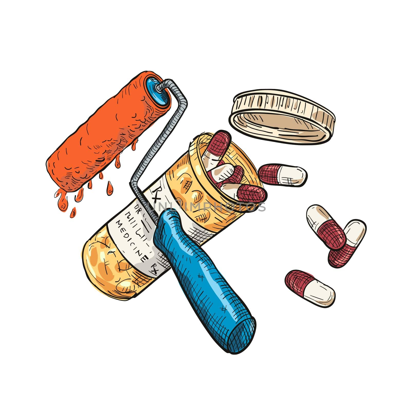 Drawing sketch style illustration of concept of paint doctor shown as a crossed paint roller and medicine or pill capsule container bottle on isolated white background in full color.