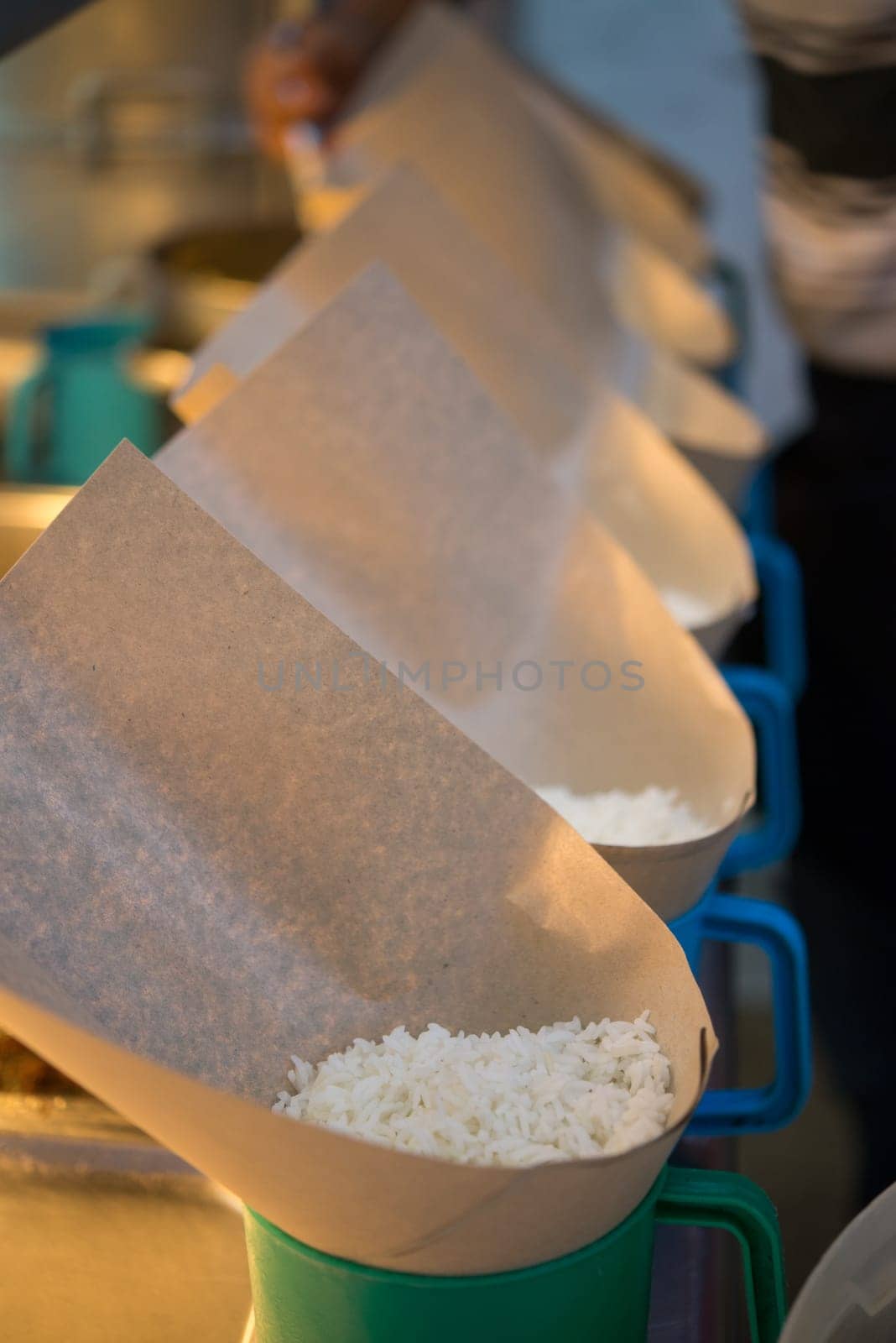 Traditional Malay food, takeaway fragrant rice with fried chicken.