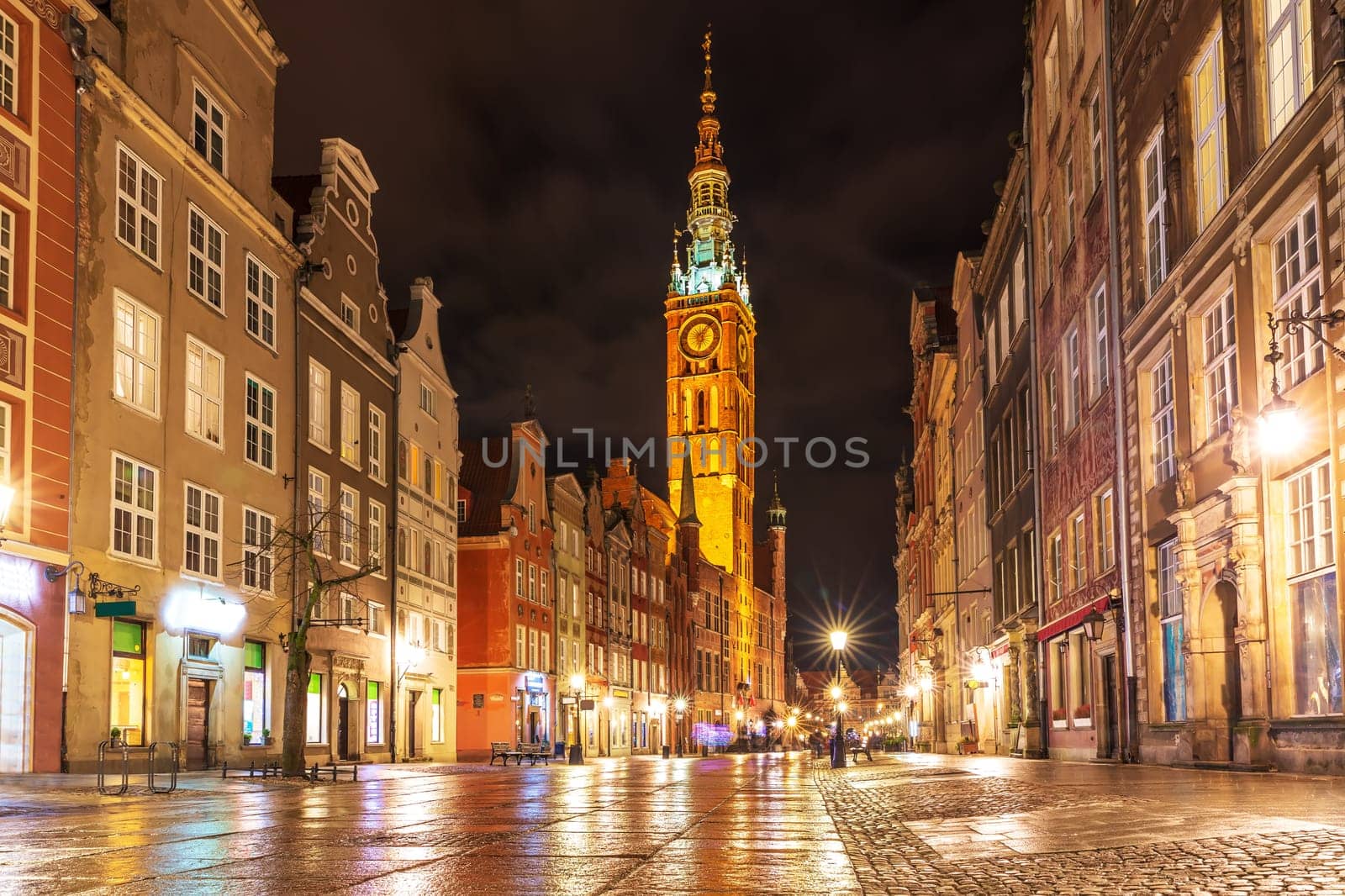 Long Market, the main street of Gdansk, evening illuminated view, no people.