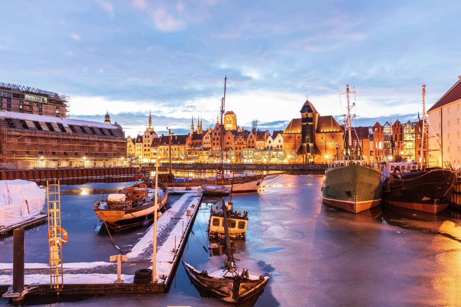 Ships in the Motlawa harbour in Gdansk, Poland.