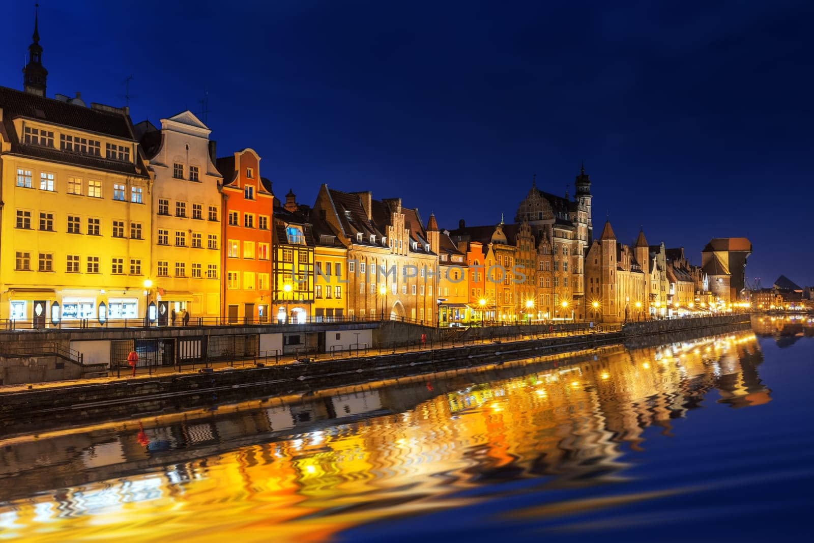 Gdansk night cobalt sky, view on the buldings by the Motlawa.