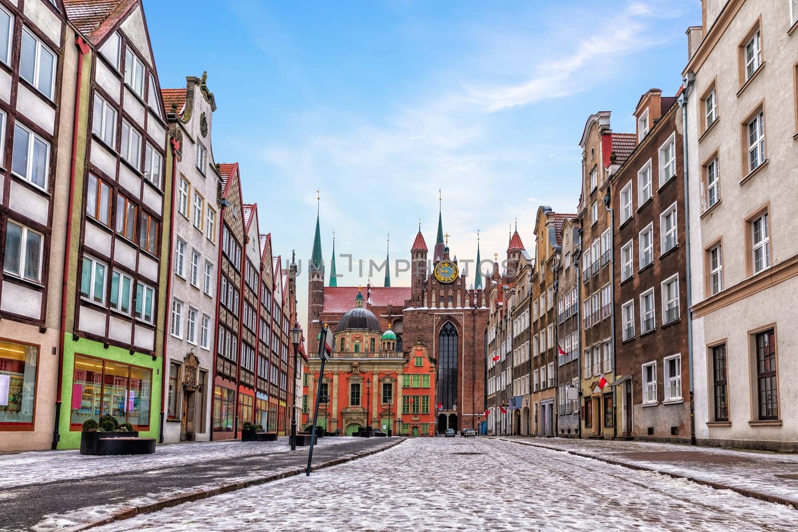 Gdansk street and the Royal chapel view in winter, Poland.