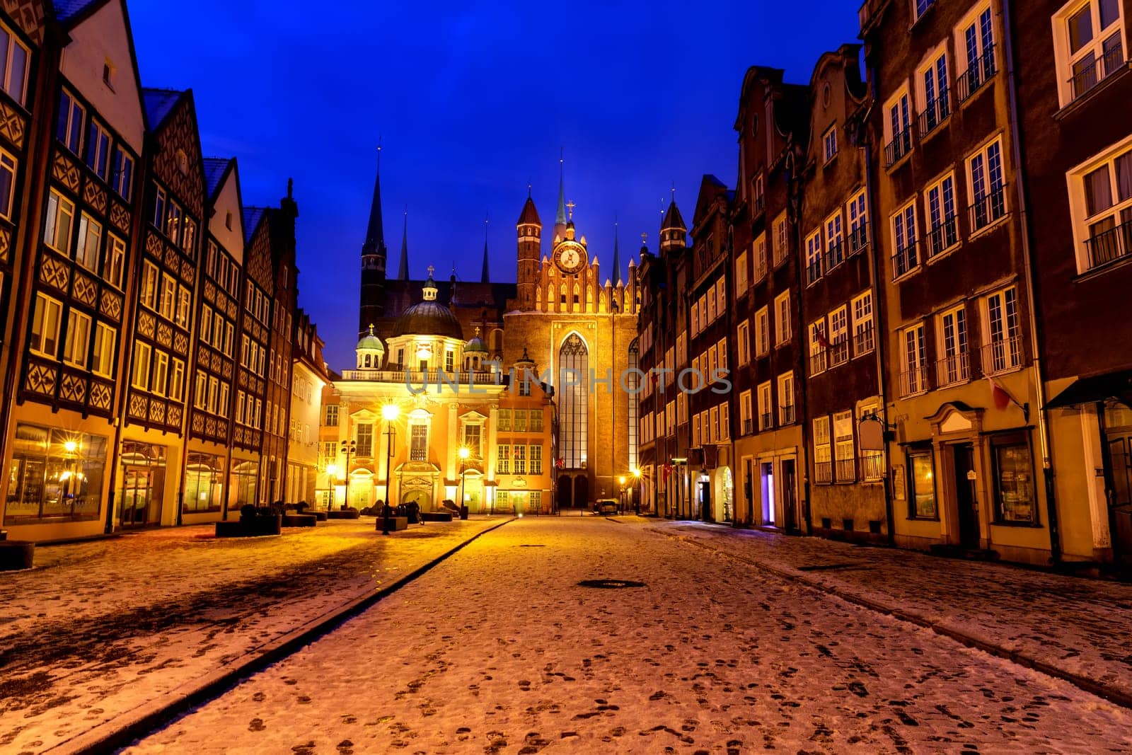 St Mary's Church and Royal Chapel of Gdansk, night winter view, Christmas time, Poland.