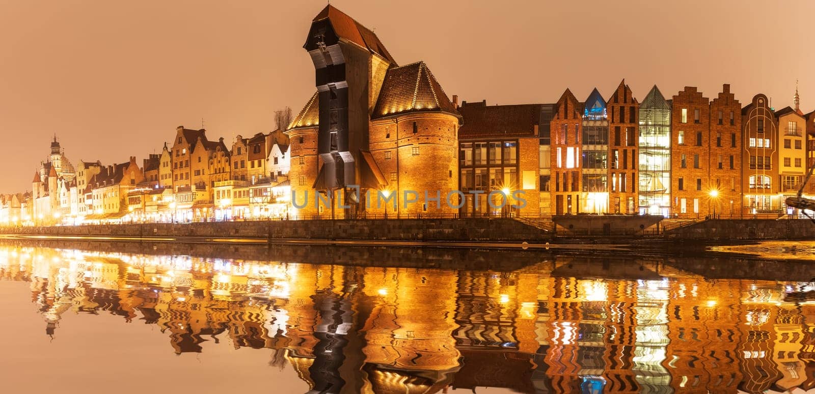 Gdansk night panorama, view on Zuraw port crane, Poland.