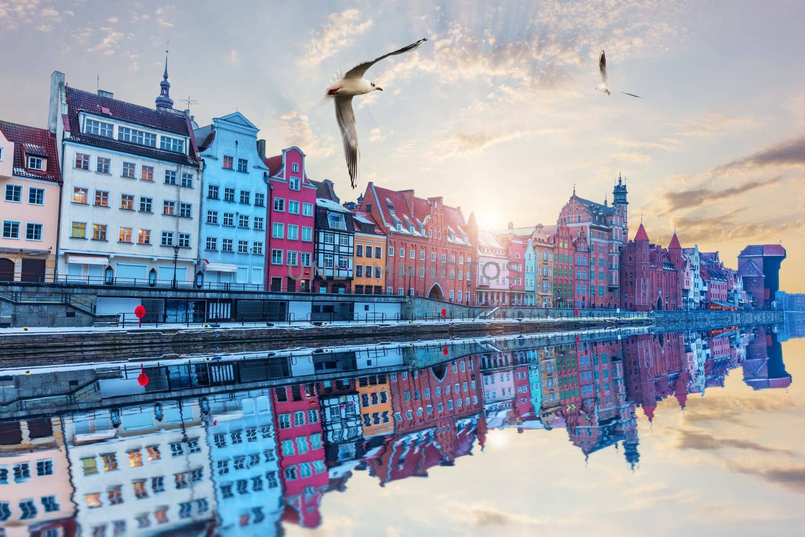 Gdansk riverside beautiful view at sunrise, Poland.