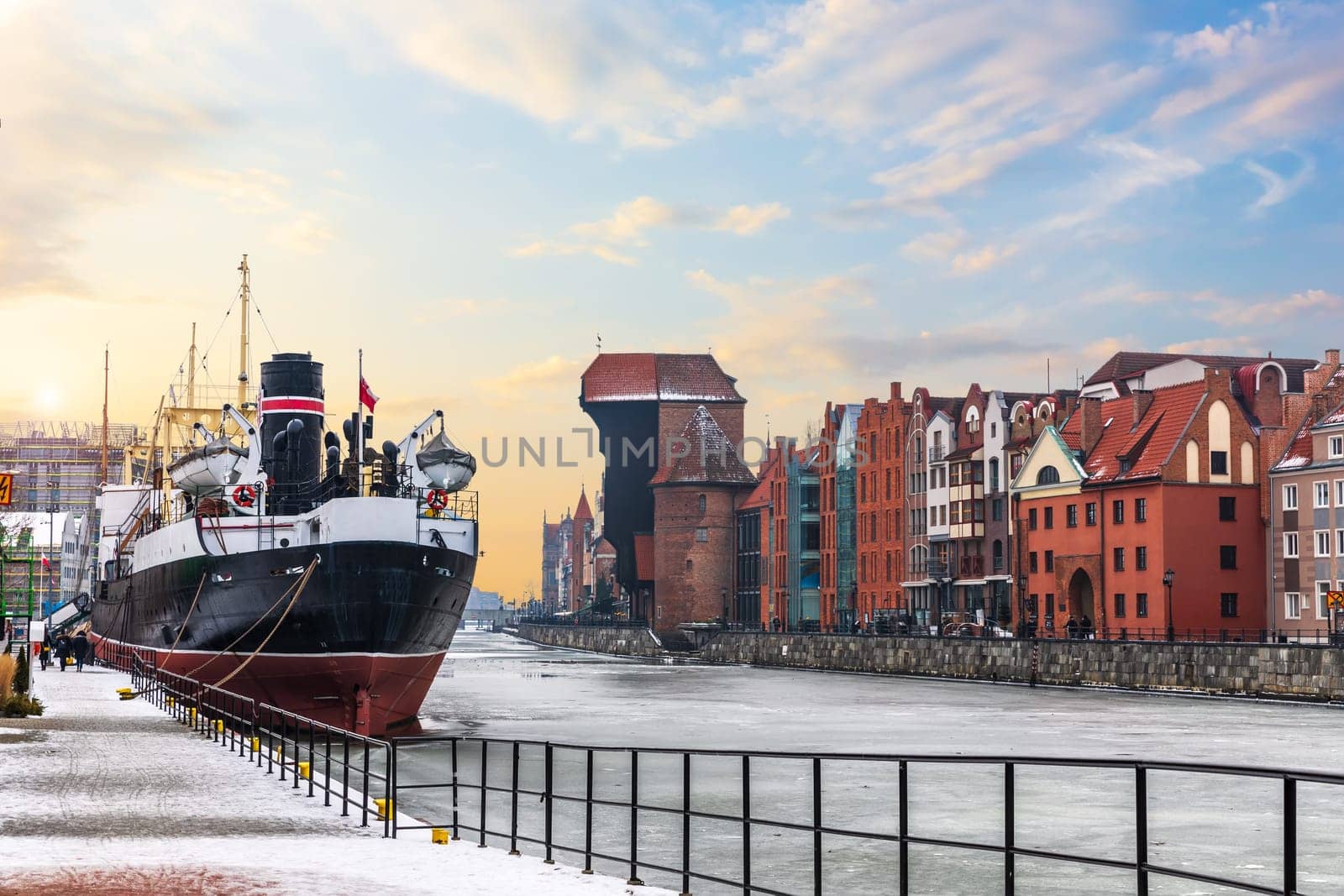Soldek ship, the Motlawa and Zuraw Port Crane in Gdansk, Poland, winter view.