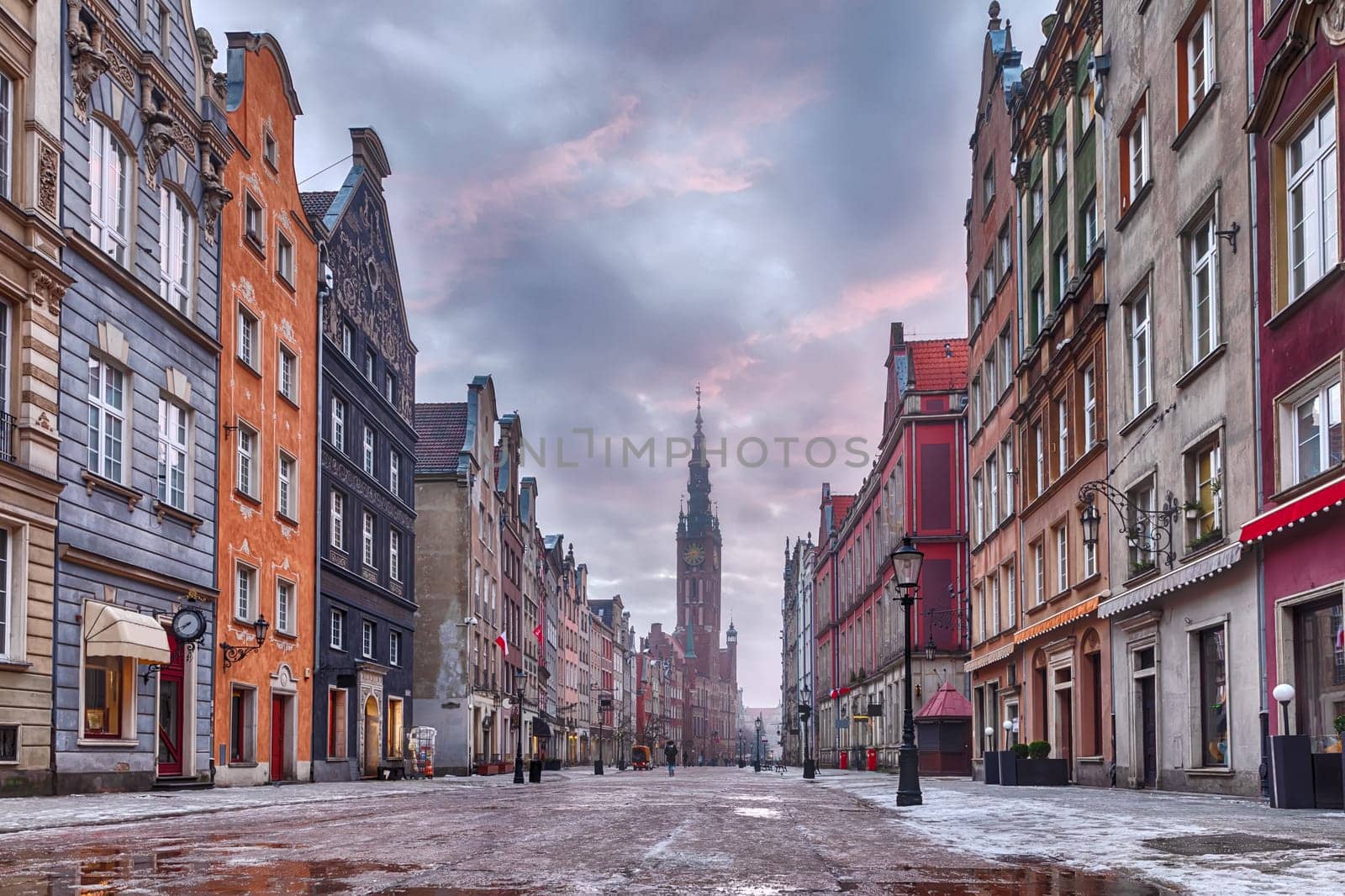 Long Market and the Town Hall view in Gdansk before a thunderstorm.
