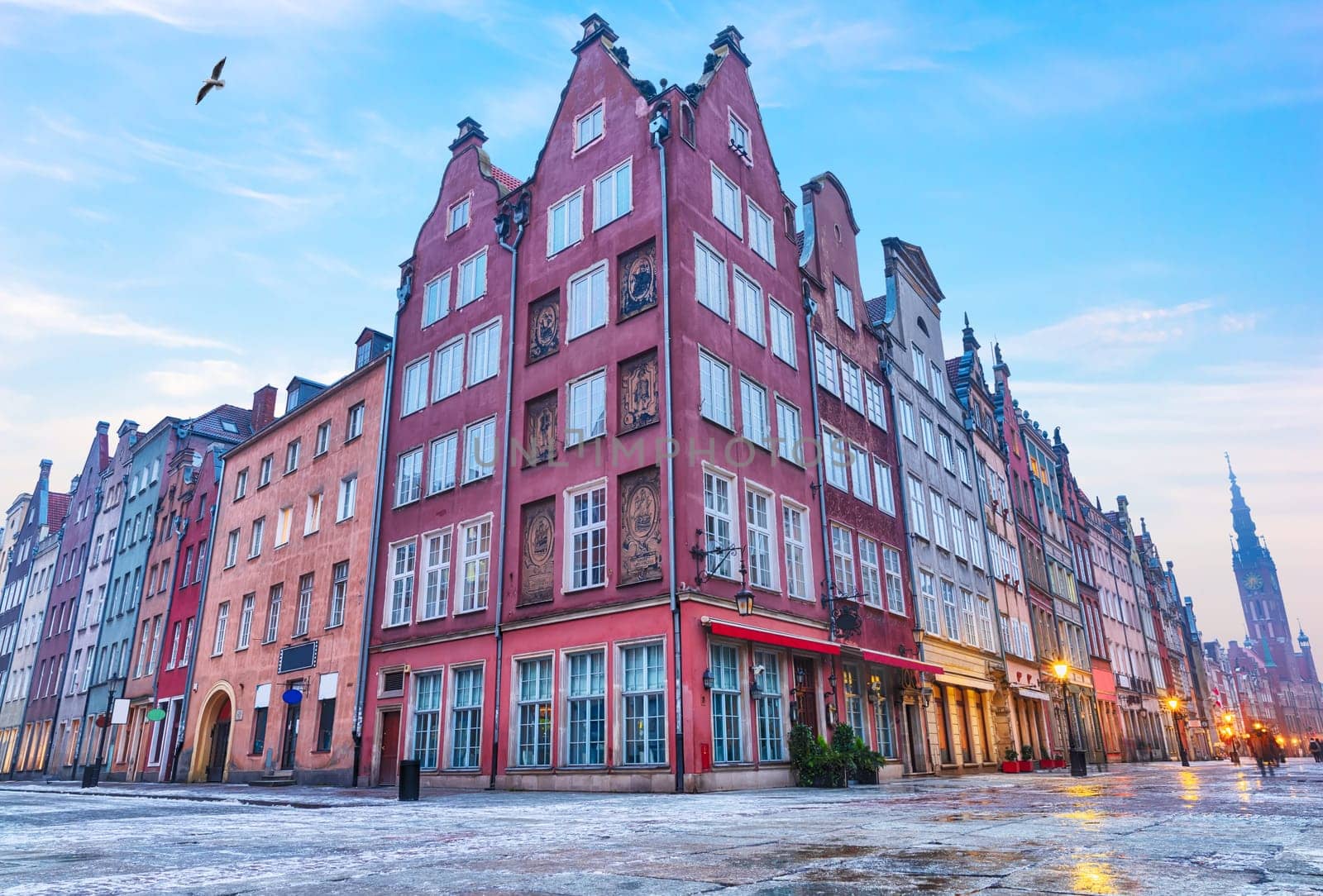 Medieval buildings of Gdansk in Long Market near the Town Hall, no people.