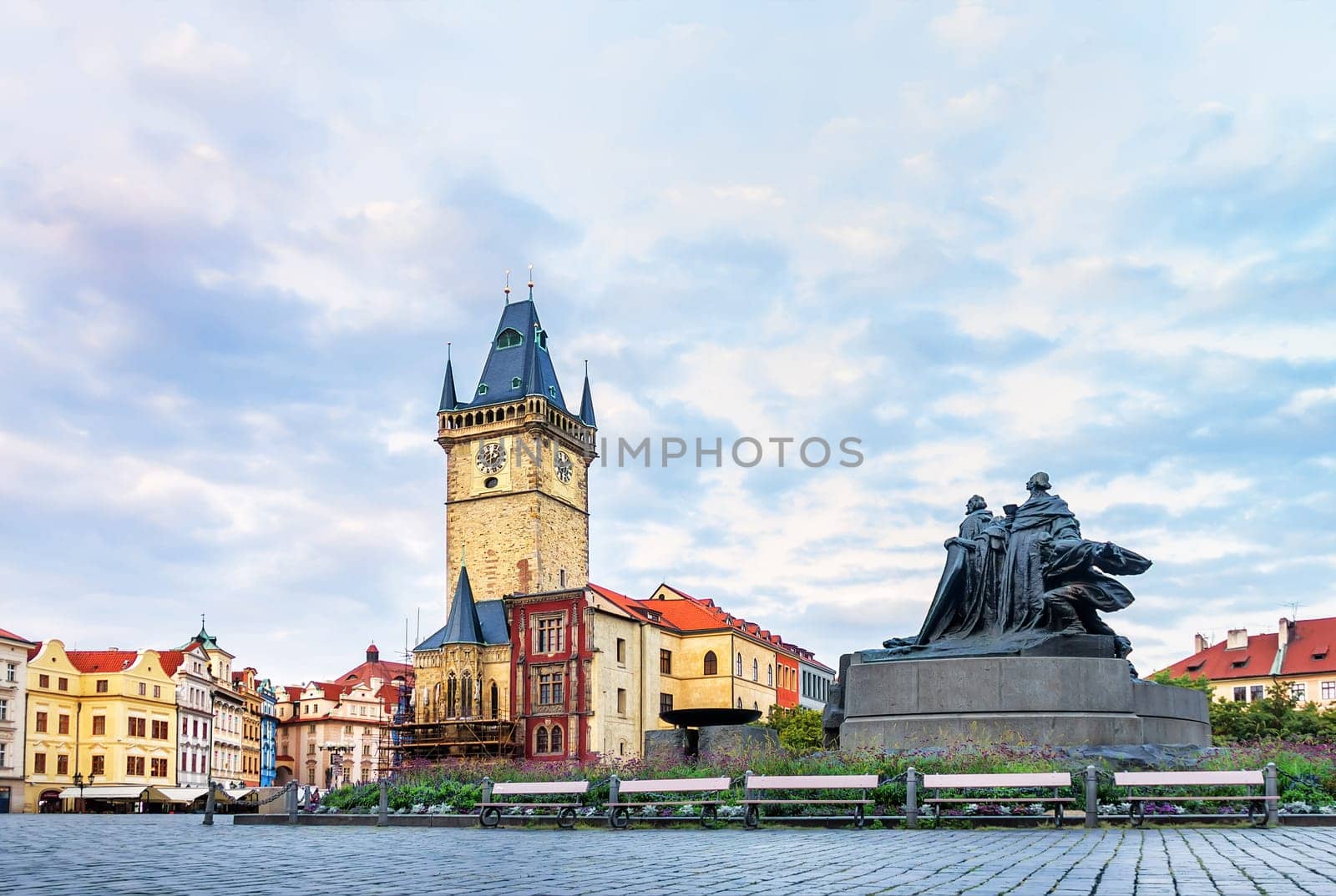 The Old Town Hall and the Jan Hus Memorial in Prague.