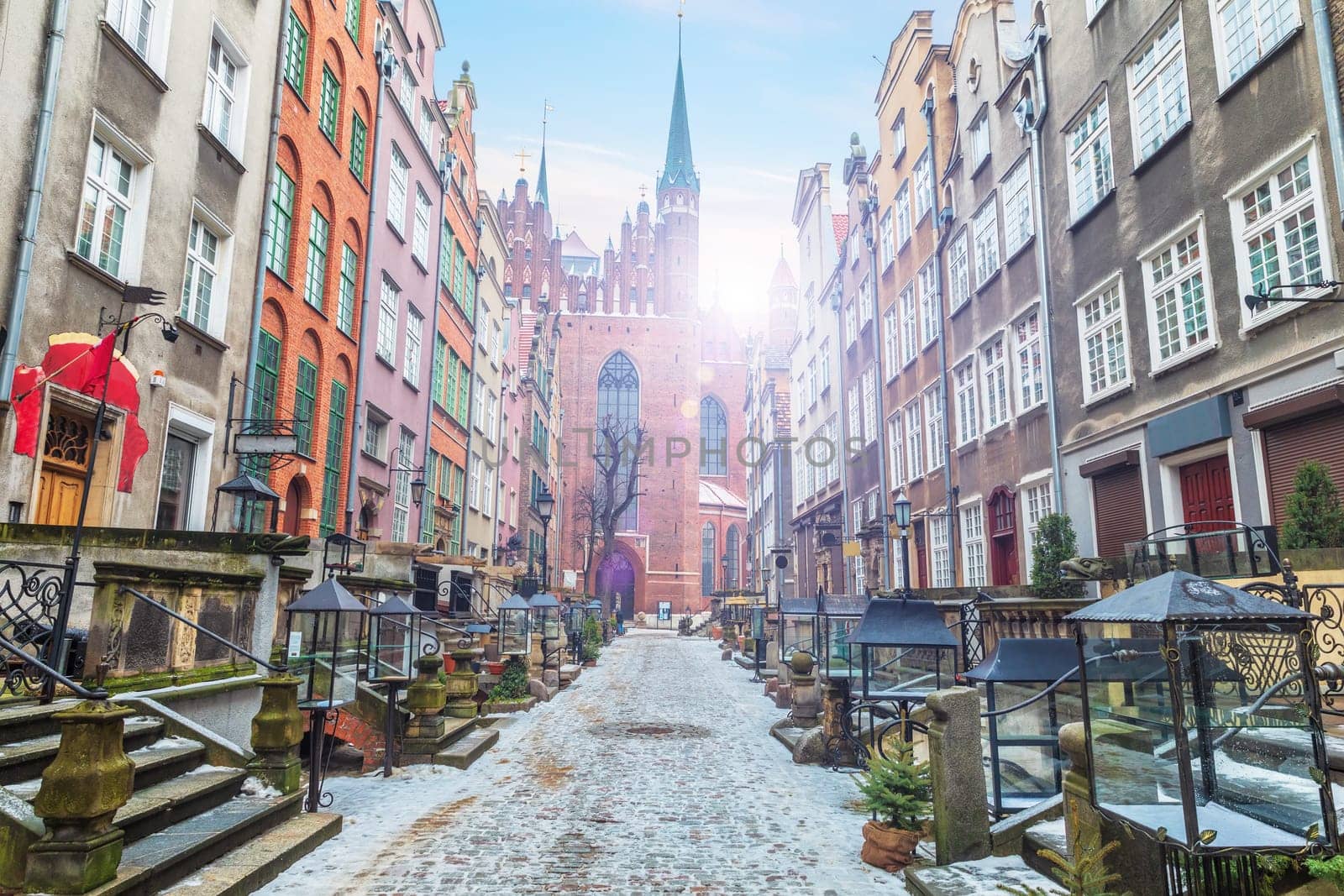 Mariacka street in Gdansk at sunrise, no people, Poland.
